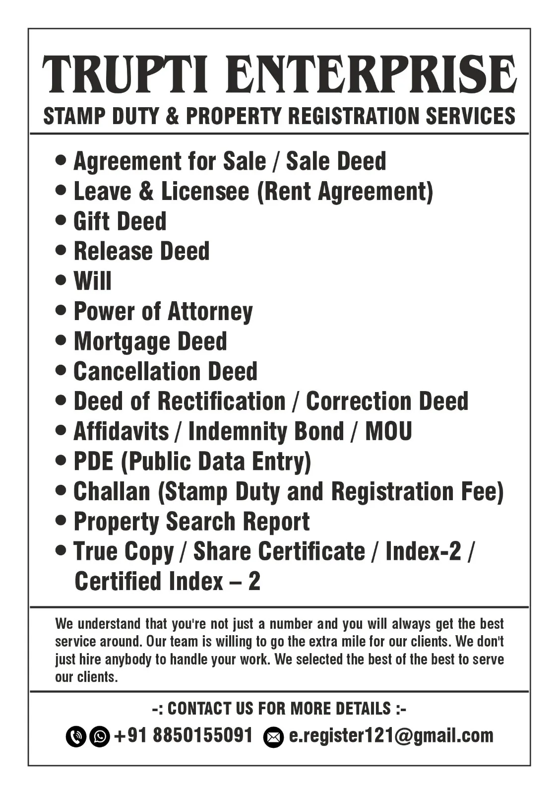 RENT AGREEMENT - STAMP DUTY REGISTRATION - SERVICES - LEAVE AND LICENSE